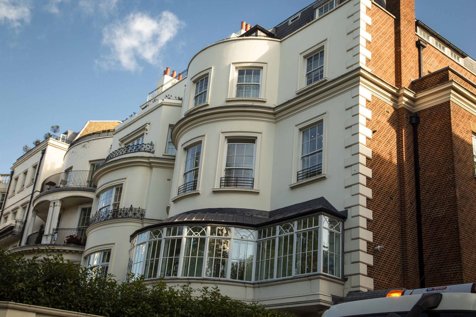 The white-fronted apartment building opposite Speakers' Corner, at the corner of Hyde Park