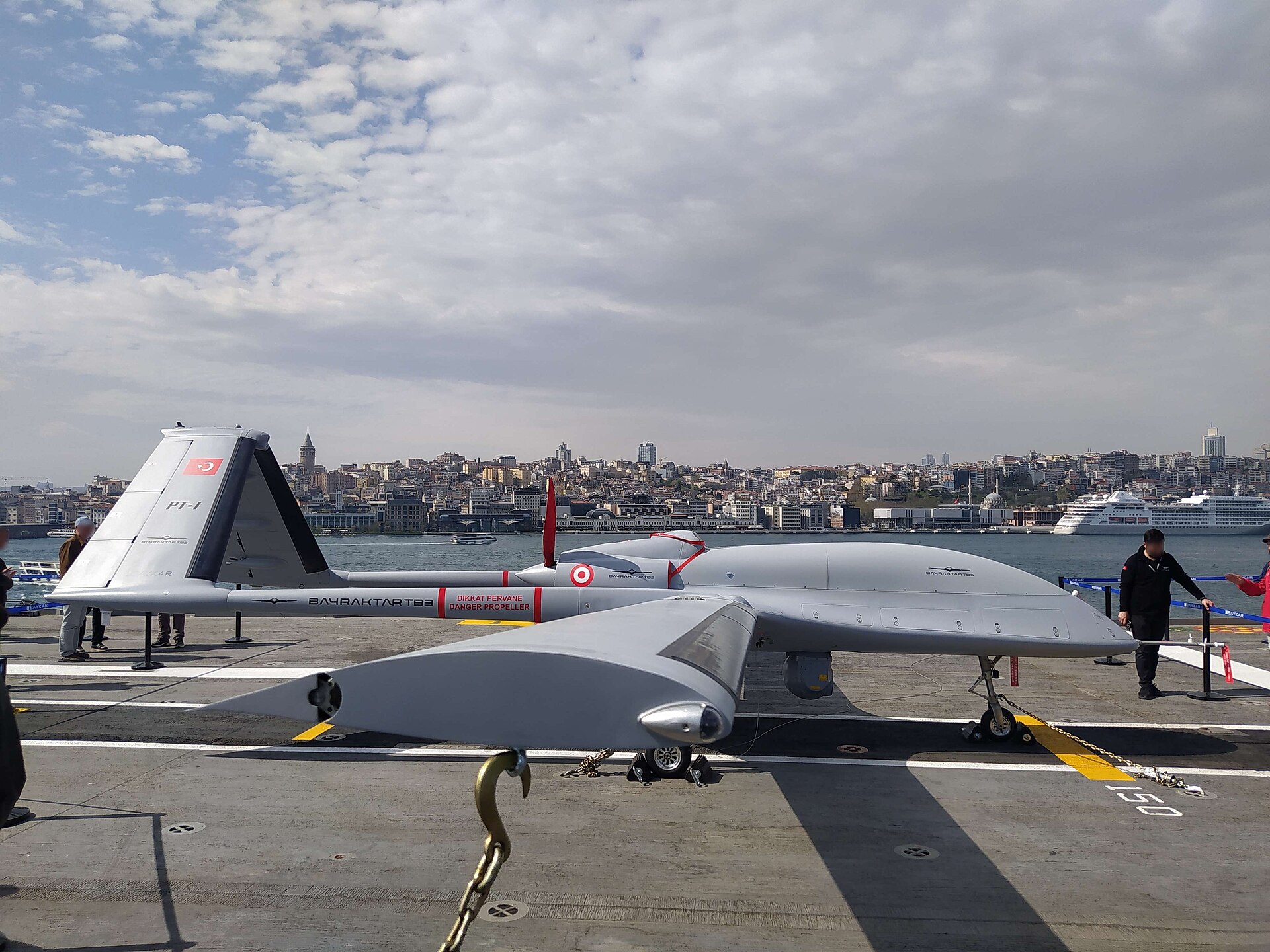 Bayraktar TB3 on the flight deck of TCG Anadolu in Istanbul, 17 April 2023. Archive photograph; not the Baltic exercise.