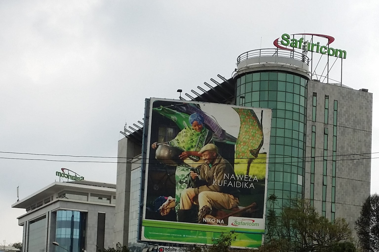 Exterior of Safaricom Centre in Nairobi, with the company name on the roof.