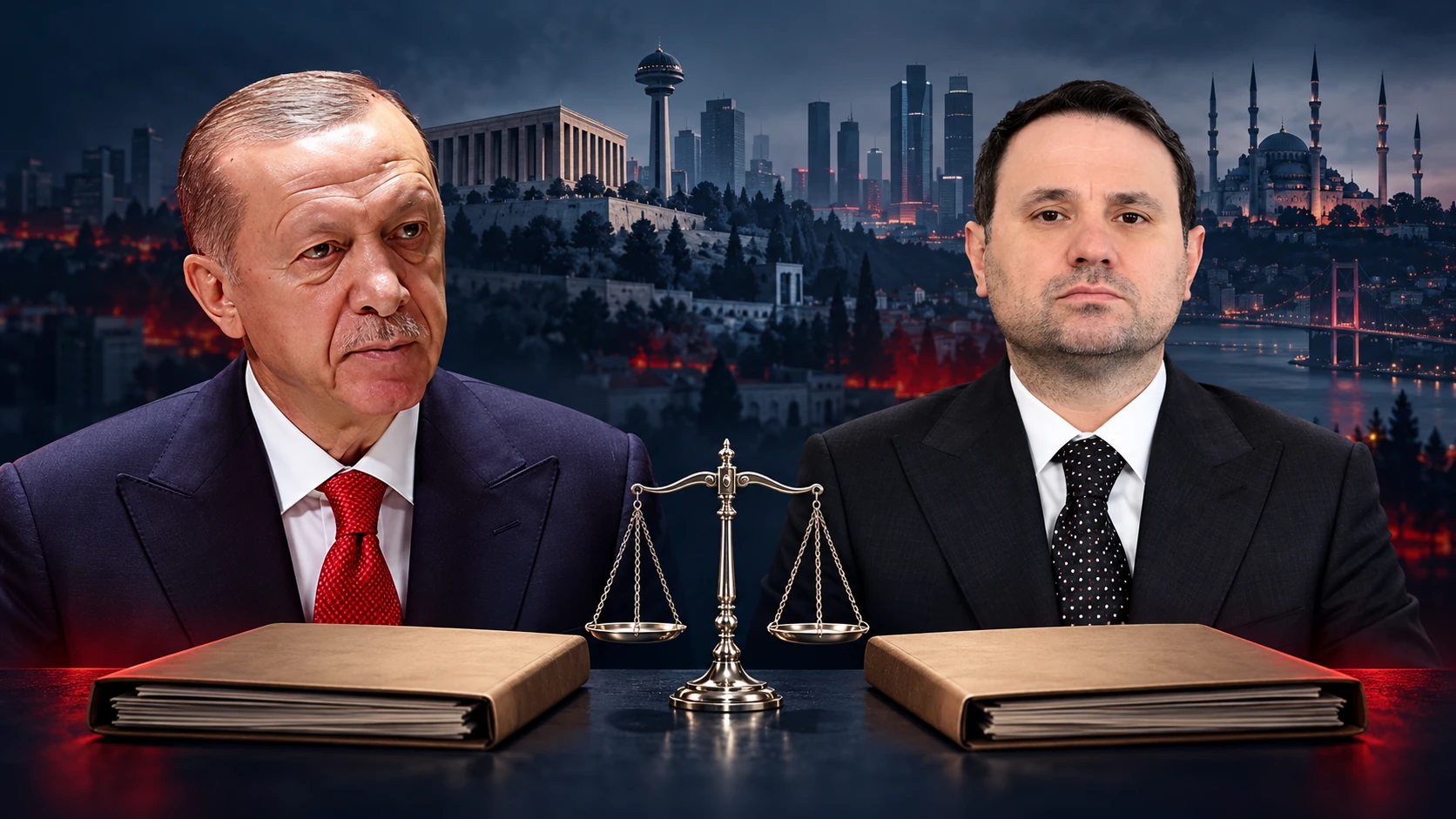 Recep Tayyip Erdoğan on the left and Akın Gürlek on the right, in an editorial collage with two separate investigation files and scales of justice.